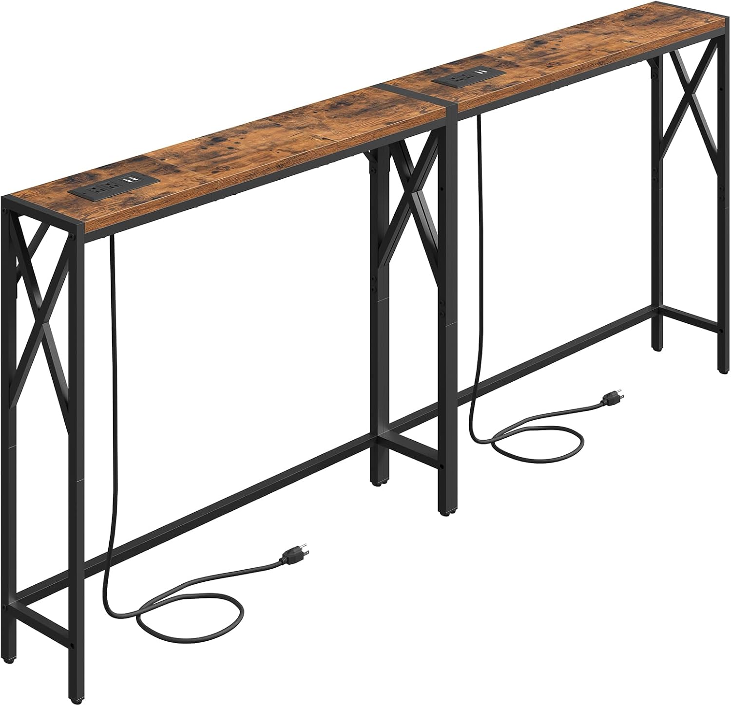 70.8'' Narrow Sofa Table with Charging Station, 2 Pack Skinny Console Table, Long Entryway Hallway Couch Table with Power Outlets, Rustic Brown