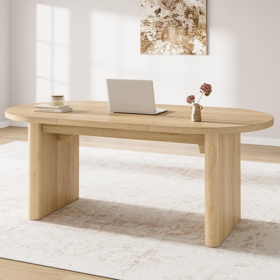 70.8'' Oval Dining Table for 6-8,Farmhouse Kitchen Table with Sturdy Wood Double Pedestal,Rustic Modern TableEasy Assembly & Water Resistant for Dining Room,Office,Kitchen,Natural