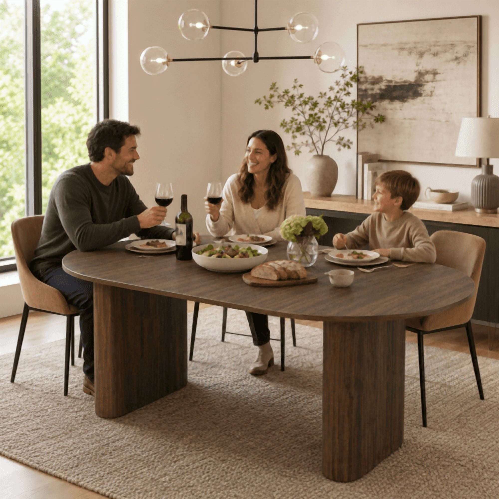 70.8" Oval Dining Table for 4-8 People, Modern Farmhouse Kitchen Table with Wood Strip Base, Walnut