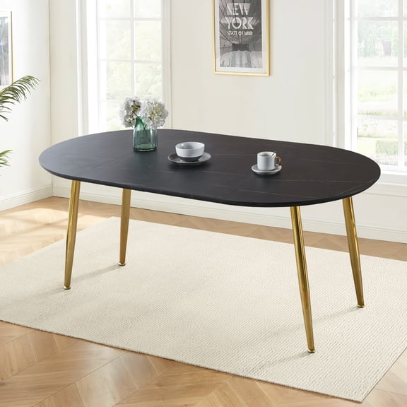 70.8" Oval Extendable Dining Room Table for 4-8 People, Modern Wooden Dining Table with MDF Tabletop and Metal Frame, Oval Kitchen Table for Home, Office