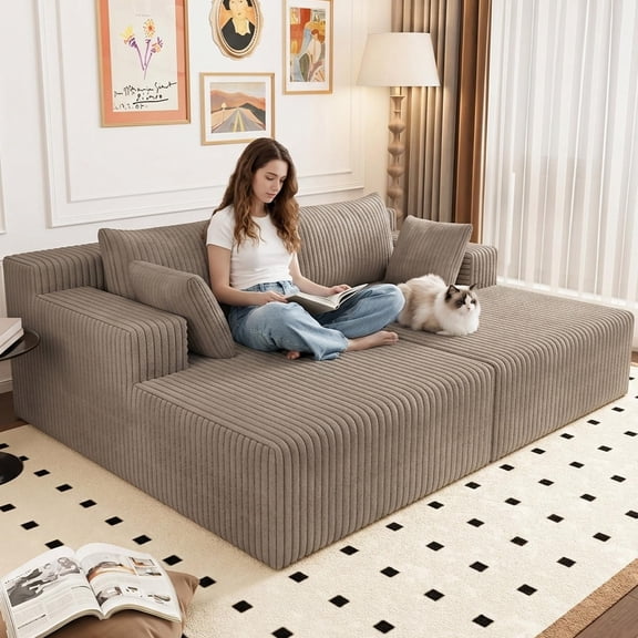 70.8" Oversized Corduroy Chaise Lounge Chair, Deep Seat Upholstered Cloud Lounge Sofa with Pillows, No Assembly Required