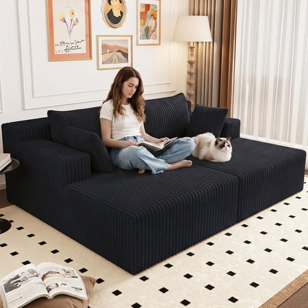 70.8" Oversized Corduroy Chaise Lounge Chair, Deep Seat Upholstered Cloud Lounge Sofa with Pillows, No Assembly Required