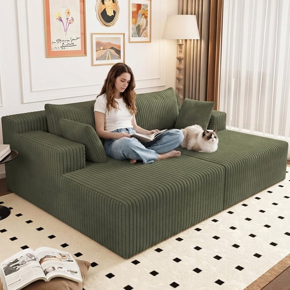 70.8" Oversized Corduroy Chaise Lounge Chair, Deep Seat Upholstered Cloud Lounge Sofa with Pillows, No Assembly Required