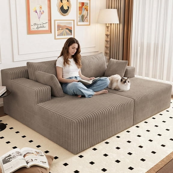 Luckhao 70.8" Oversized Corduroy Double Chaise Lounge, Deep Seat Cloud Chaise with Pillows for Living Room & Bedroom