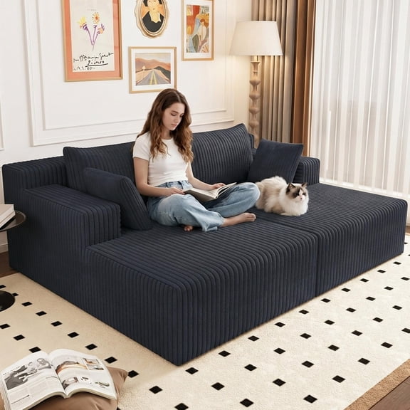 70.8" Oversized Corduroy Double Chaise Lounge, Upholstered Deep Seat Cloud Chaise Lounge with Pillows, No Assembly