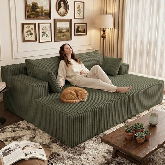 70.8" Oversized Corduroy Double Chaise Lounge with Pillows, No Assembly Required