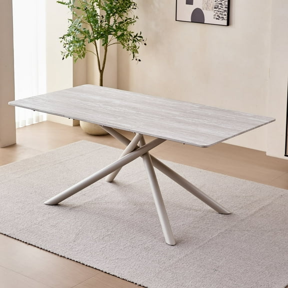 70.8" Rectangle Dining Table for 4 6 person, [Coated Metal Cross Legged] [Stone-Patterned Tabletop] Large Modern Kitchen Dinner Table for Dining Living Room, Home, Light Gray