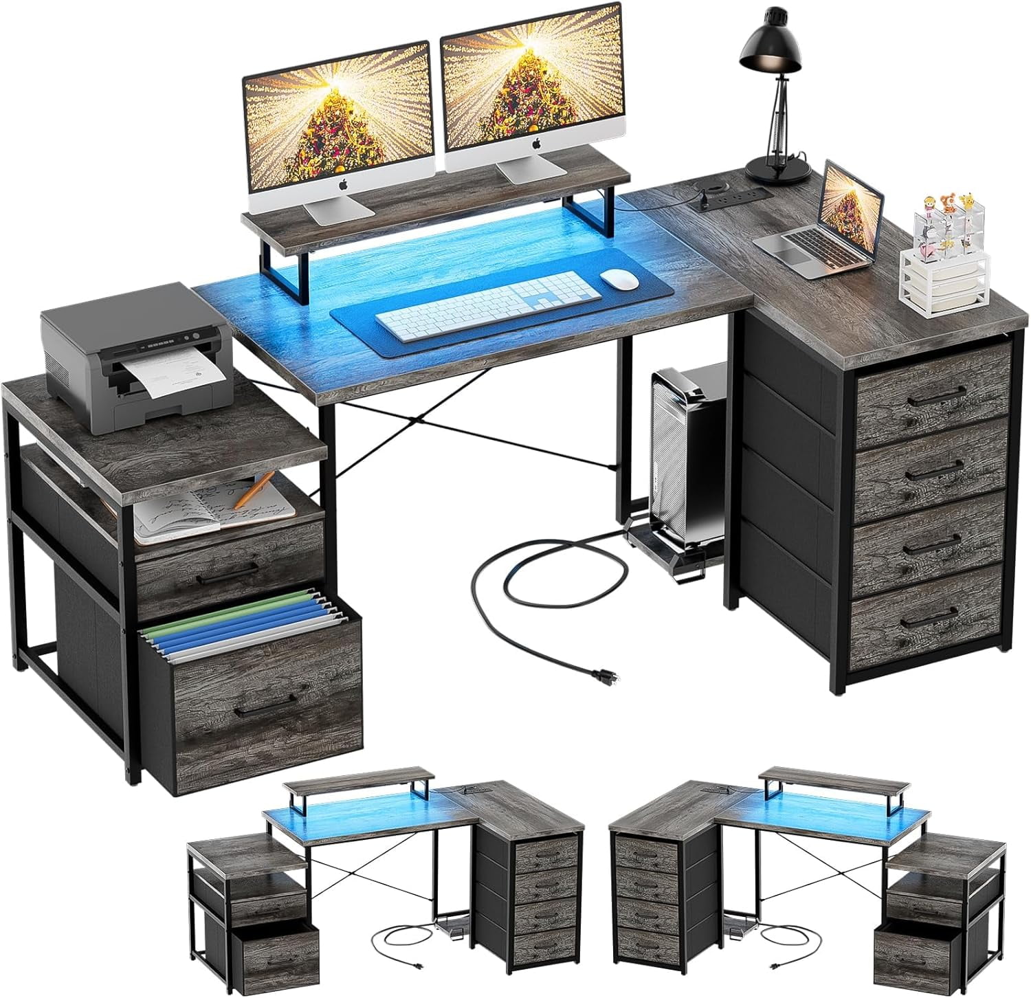 70.8" Reversible L Shaped Computer Desk with Fabric File Drawers, Corner Desk with RGB LED Light & Power Outlets & Monitor Stand, Large Gaming Desk for Home Office Workstation, Black Oak