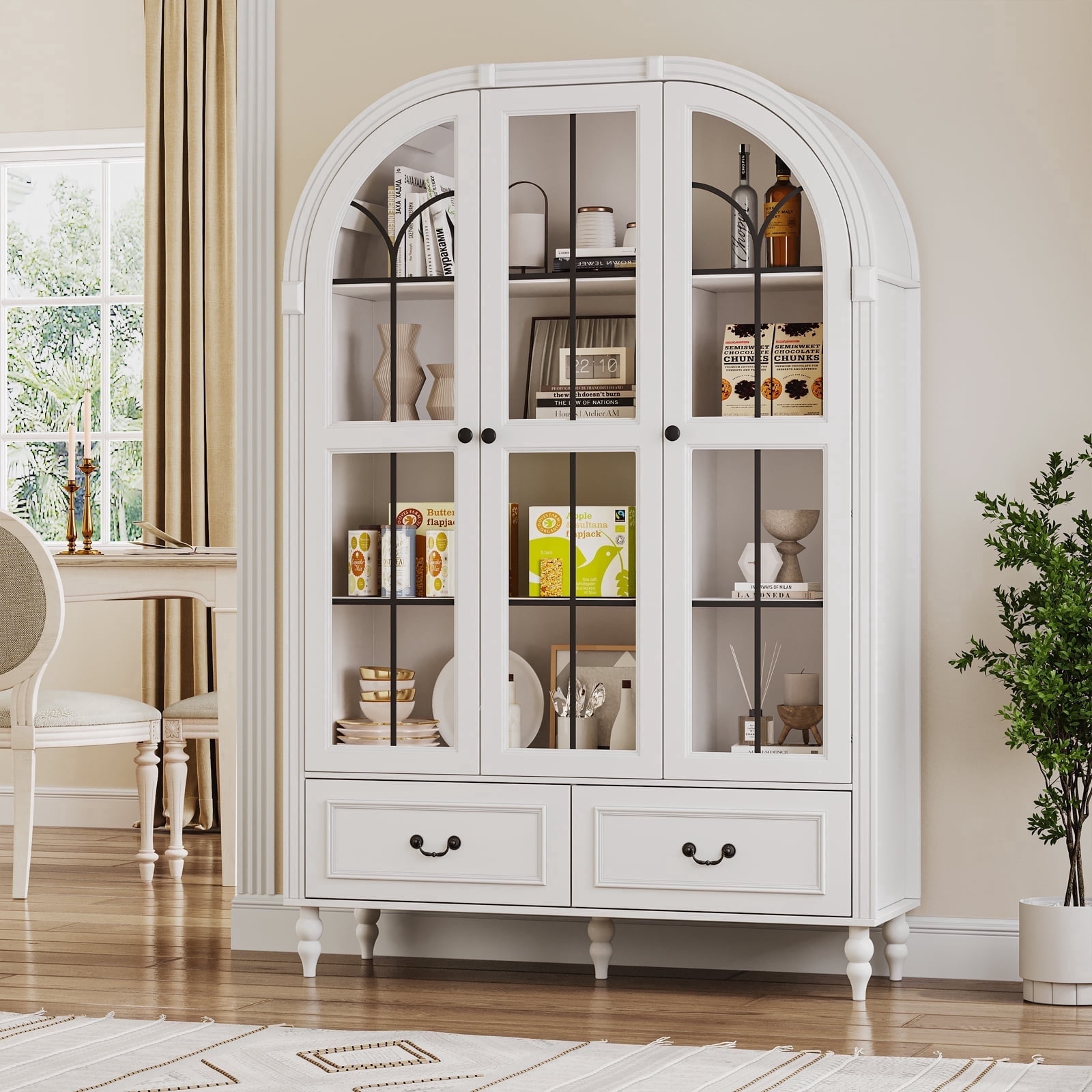 LERANO 70.8'' Tall Arched Kitchen Pantry Cabinet, Modern Display Cabinet with Glass Doors and Adjustable Shelves