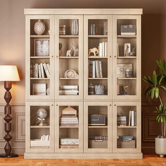 70.8" Tall Farmhouse Modular Kitchen Pantry Cabinet with Glass Doors, Wooden Storage Hutch with 6-Tier Adjustable Shelves for Kitchen Organization, Set of 2, Brown
