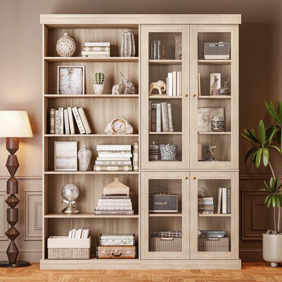 70.8" Tall Farmhouse Modular Kitchen Pantry Cabinet with Glass Doors, Wooden Storage Hutch with 6-Tier Adjustable Shelves, Set of 2, Brown