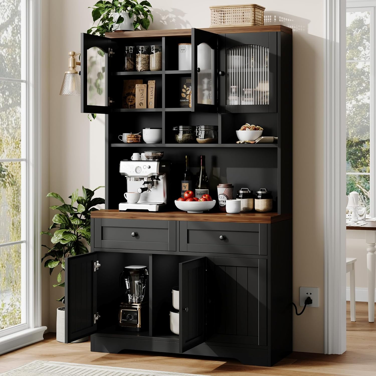 70.8" Tall Kitchen Pantry Cabinet with Charging Station, Storage Cabinet with Hutch, Fluted Glass Doors for Dining Room, Black