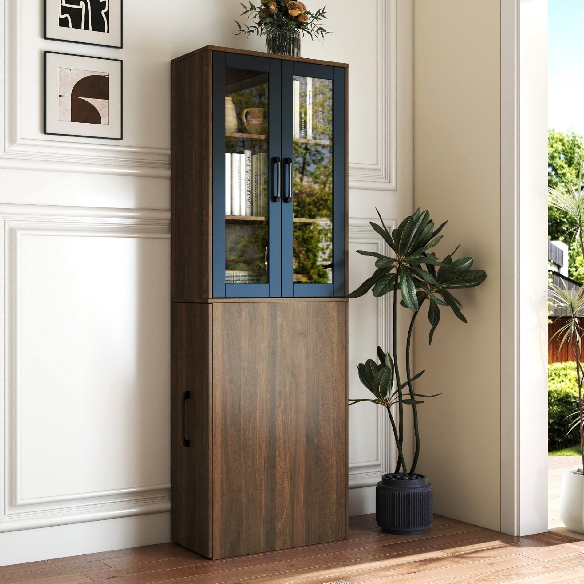 70.8" Tall Pantry Cabinet with Glass Doors, Pull-Out Shelves Storage Cabinet, 4 Tier Display Bookcase with Sliding Organizer, Freestanding Kitchen Storage Cabinet for Living Room, Dining Room, Walnut