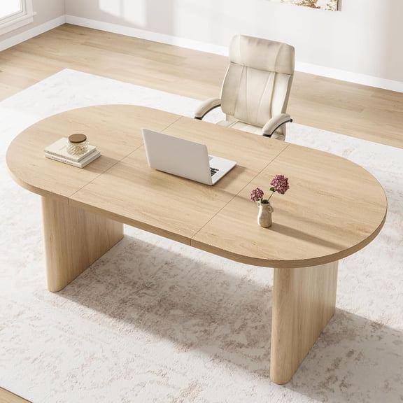70.8 in Dining Table for 6-8 People, Modern Oval Kitchen Table with Wood Strip Base, for Kitchen, Living Room, Office, Restaurant, Multi-Use