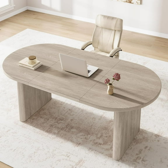 70.8 in Dining Table for 6-8 People, Modern Oval Kitchen Table with Wood Strip Base, for Kitchen, Living Room, Office, Restaurant, Multi-Use