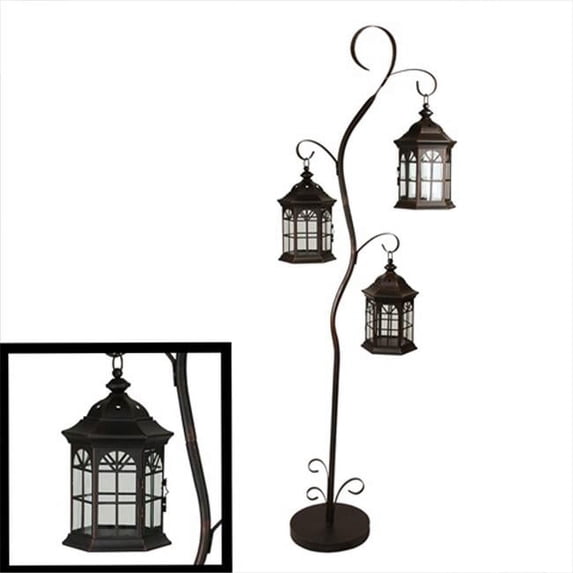 70.8 in. Rustic Brown & Black Pillar Candle Holder Tree With 3 Decorative Lanterns