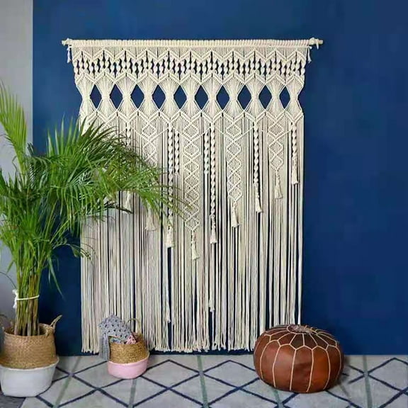 70.86*35.43 in Macrame Tassel Wall Hanging Handmade Woven Braid Tapestry Boho Window Curtain Backdrop Home Decor Beige