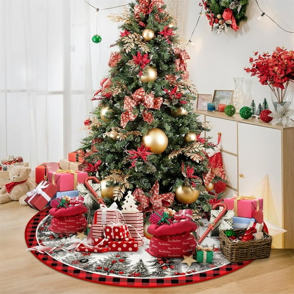70.86" Christmas Tree Skirt, Xmas Pine Tree Snowflake Soft Rustic Tree Skirt, Buffalo Plaid Christmas Tree Skirt for Christmas New Year Home Party Tree Indoor Outdoor, Holiday Christmas Decorations