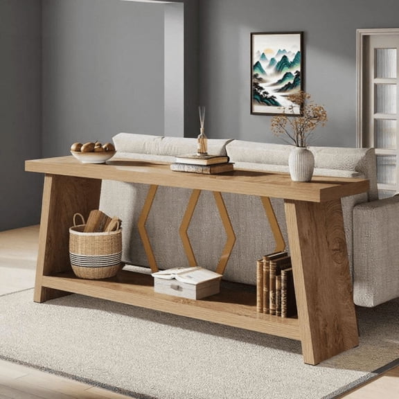 70.86" Extra Long 2-Tier Console Table - 1.97" Thick Engineered Wood, Modern Metal Frame, Sturdy Sofa Table for Living Room, Entryway, Foyer, Behind Couch