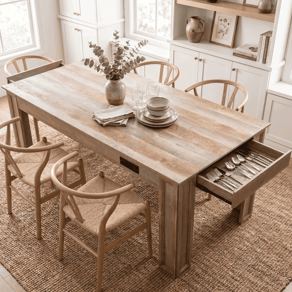 70.86" Farmhouse Rectangle Dining Table, Kitchen Table with Storage Outlet,Drawers, for 6-8 People