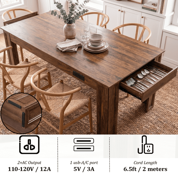 70.86" Farmhouse Wood Rectangular Dining Table with Charging Station & 2 Storage Drawers, For 6-8 People