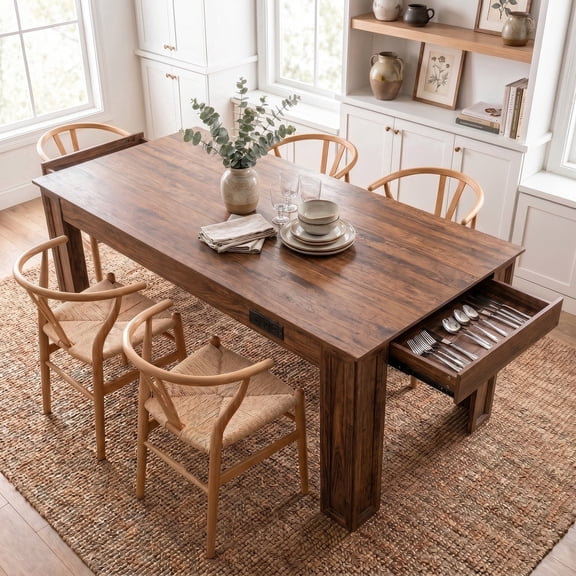 70.86" Farmhouse Rectangular Dining Table with Charging Station & 2 Storage Drawers, For 6-8 People,Walnut