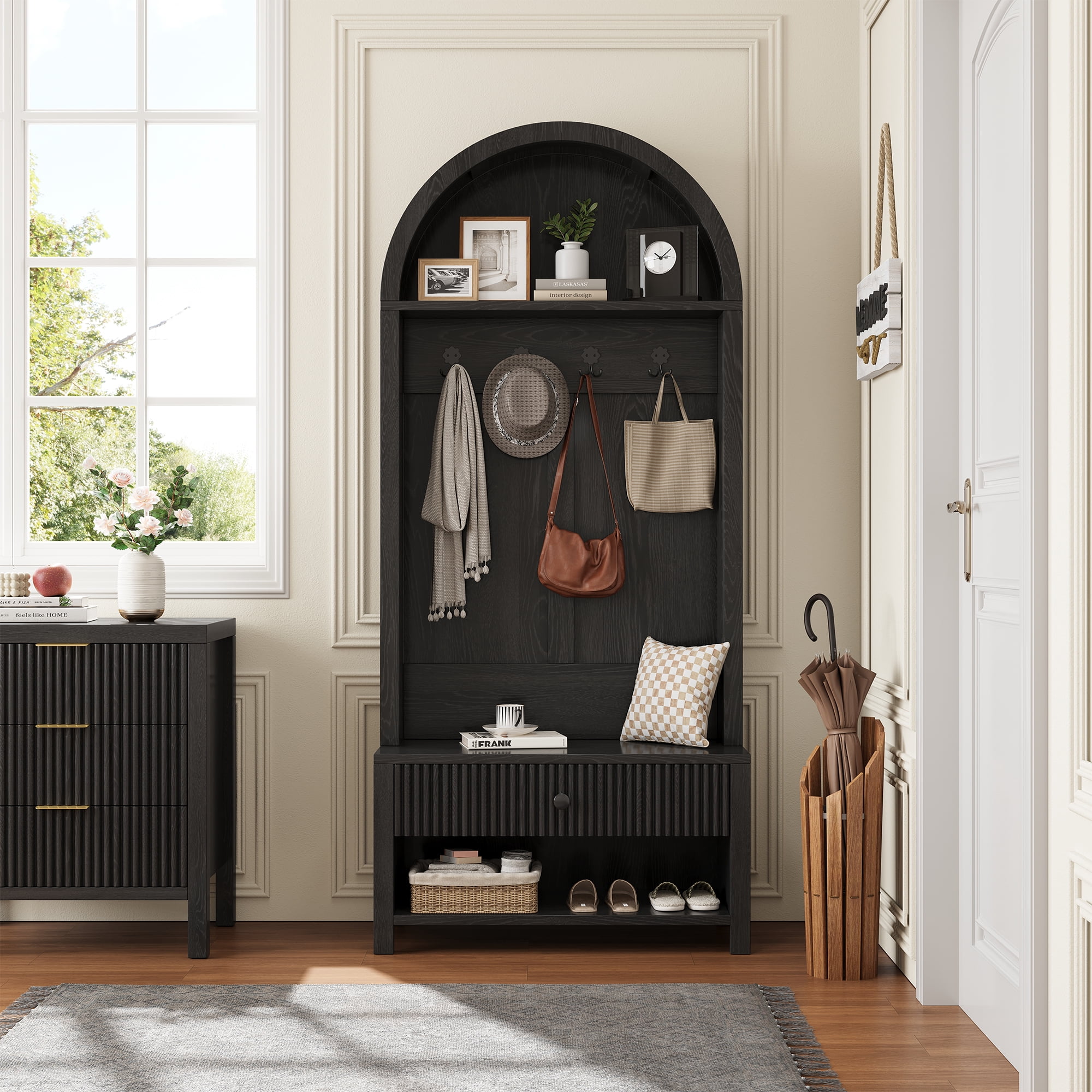 70.86" Hall Tree with Bench and Shoe Storage, Entryway Hall Tree, 4-in