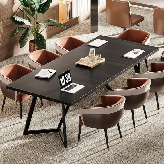 70.86-Inch Large Conference Table, Modern Meeting Table Black Office Desk Workstation with Metal Frame