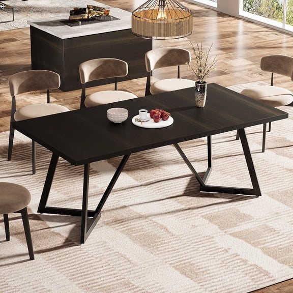70.86-Inch Large Dining Table, Modern Kitchen Table Black Office Desk Workstation with Metal Frame