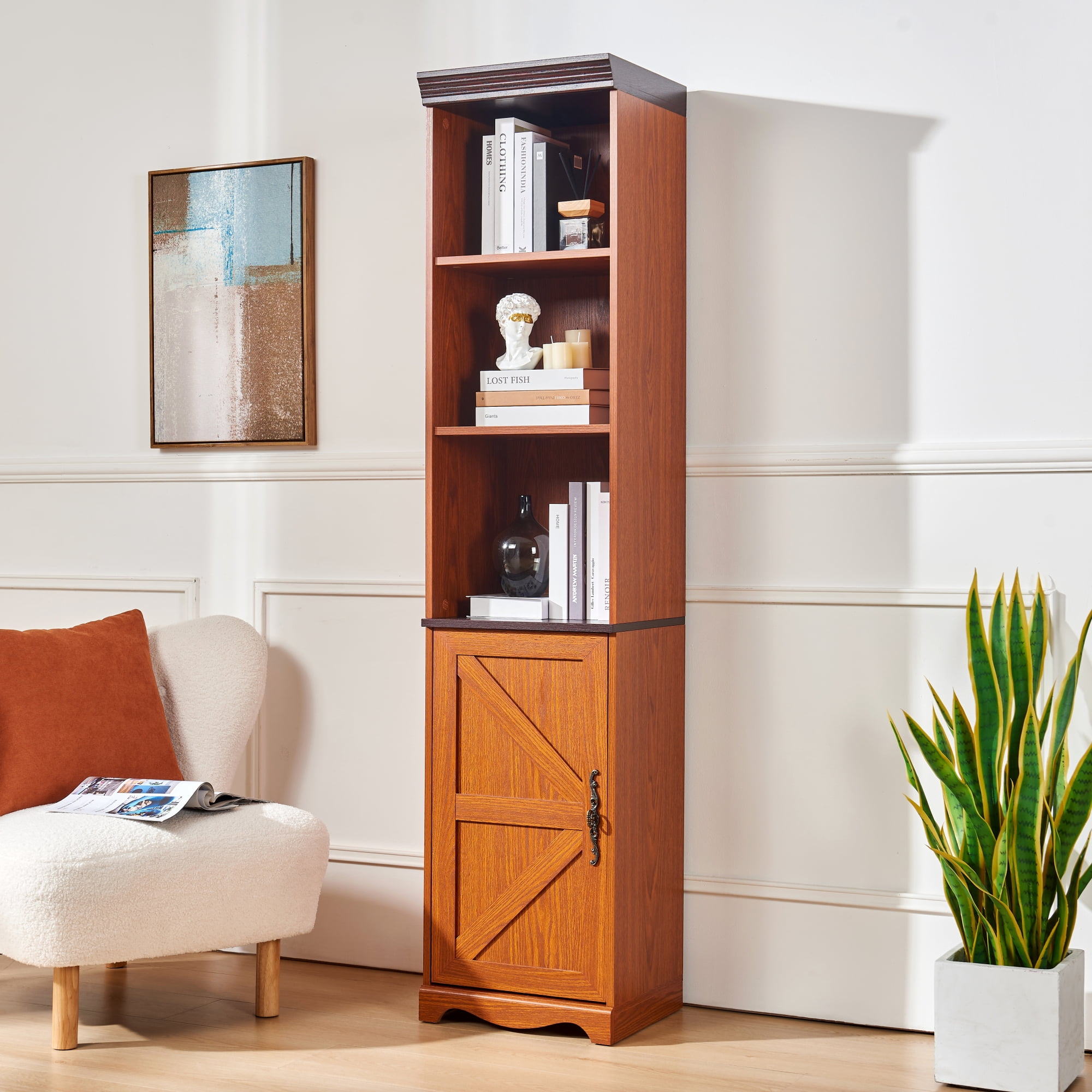 70.86-Inch Tall Free Combination Storage Cabinet with 5 Shelves, Freestanding Cube Bookshelf and Display Bookcase for Living Room, Dark Oak