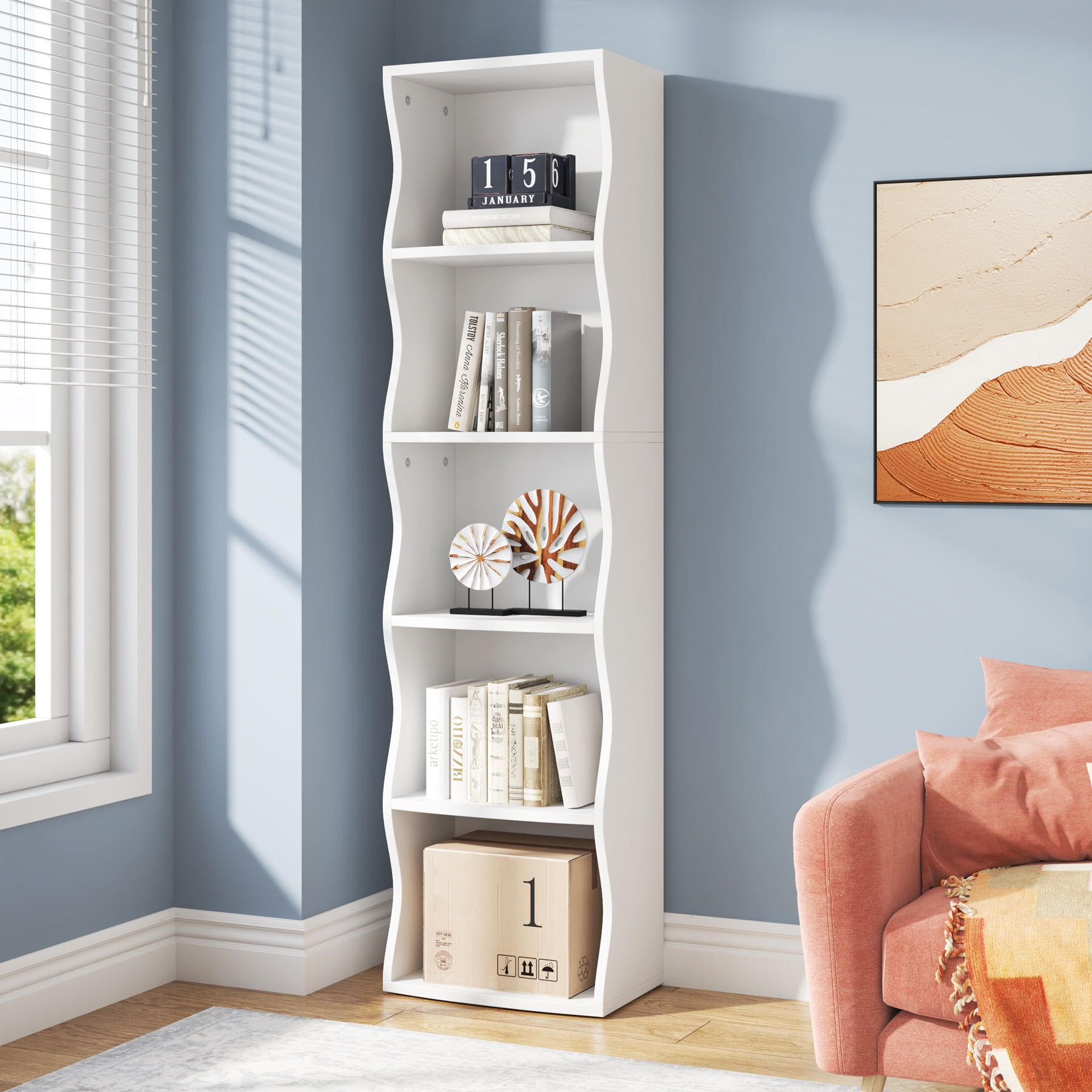 70.86 Inch Tall Narrow Bookcase 5 Shelf Slim Bookshelf Modern White Corner Bookcase with Storage Freestanding Cube Display Storage Organizer for