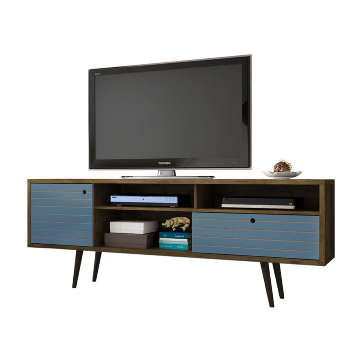 Mid-Century Modern Brown and Blue TV Stand with Cabinet