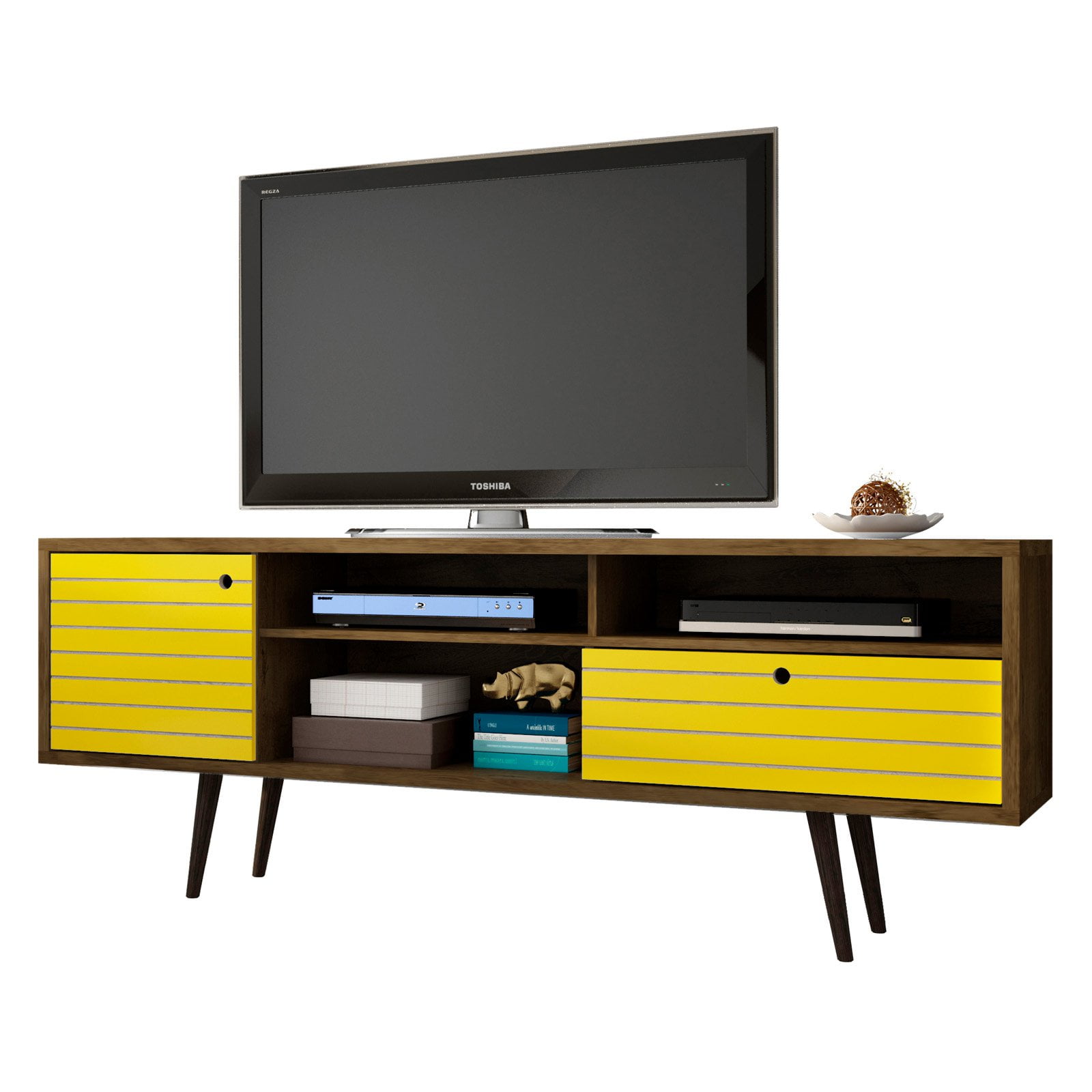 71" Rustic Brown and Yellow Mid-Century Modern TV Stand