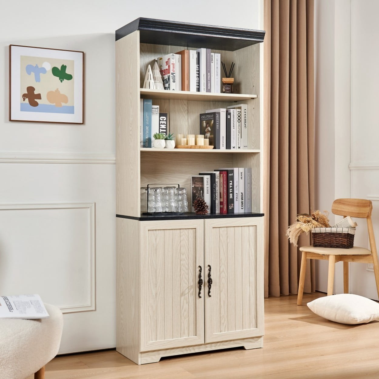 70.86" Tall Storage Cabinet, 5 Tier Cube Display Bookshelf with Barn Doors, Adjustable Shelves, Freestanding Kitchen Pantry Cabinet, Farmhouse Bookcase for Living Room Bedroom, White