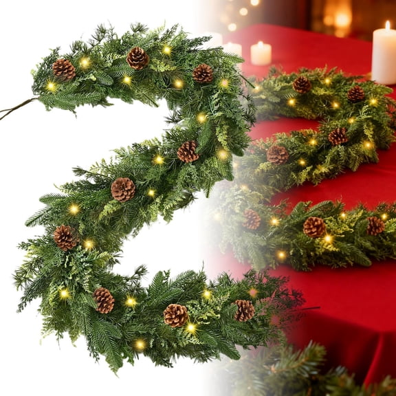 70.86In Real Touch Christmas Garland Prelit with Lights,Artificial Mixed Evergreen Garland with Pinecones for Winter Holiday Decor,Indoor Garland for Mantle Fireplace Stairs Table Home Decoration