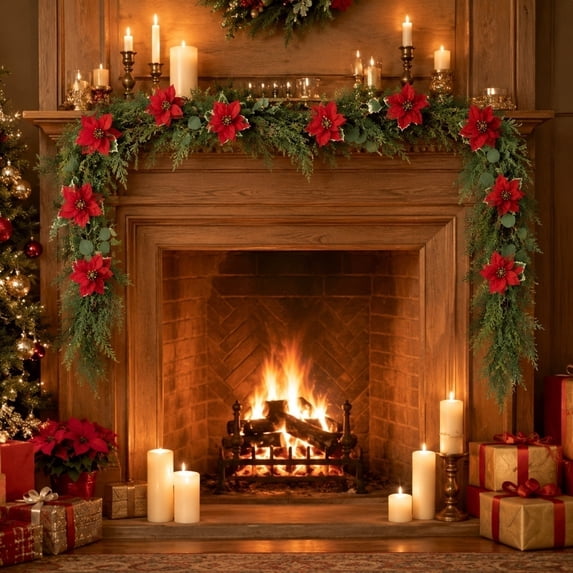 70.87" Artificial Poinsettia Christmas Garland, Red Floral Vines with Holly Leaves and Branches, Flexible Faux Flower Rattan for Staircase Fireplace, AKLJWH