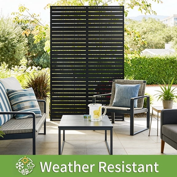 70.87" H  46.06" W Black Metal Outdoor Privacy Screen, Freestanding Slatted Patio Screen, Decorative Fence Divider for Balcony Backyard Deck