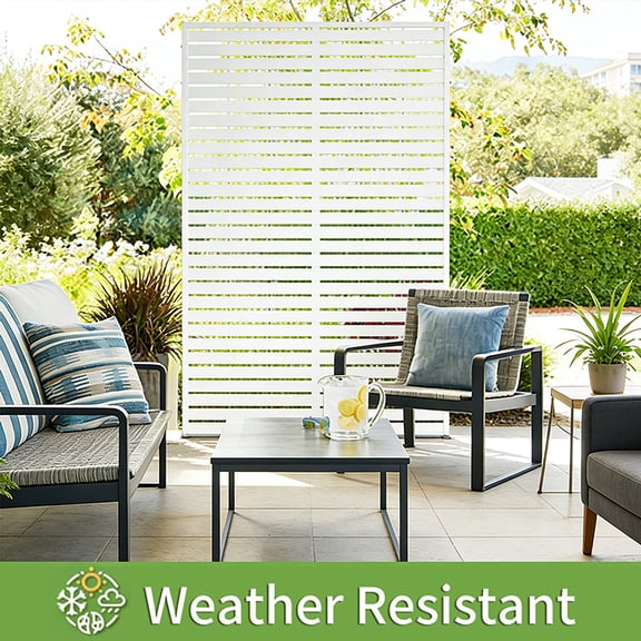 70.87" H  46.06" W White Metal Outdoor Privacy Screen, Freestanding Slatted Patio Screen, Decorative Fence Divider for Balcony Backyard Deck