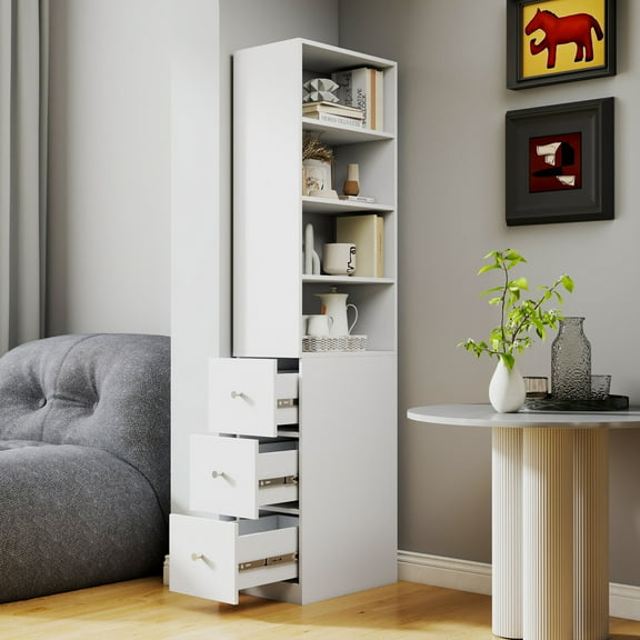 70.87" H Display Storage Cabinet with 3 Side Drawers, 4 Tier Shelf,Modern Wooden Tall Bookshelf with High Quality MDF,Narrow Conner Decoration Bookcase for Living Room Home Office,White