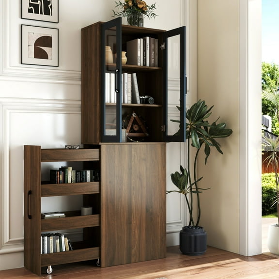 70.87" H Display Storage Cabinet, Modern Wooden Tall Bookshelf Bookcase with Pull-out 4 Tier Storage Shelf & 2 Glass Doors, for Living Room, Home Office, Walnut