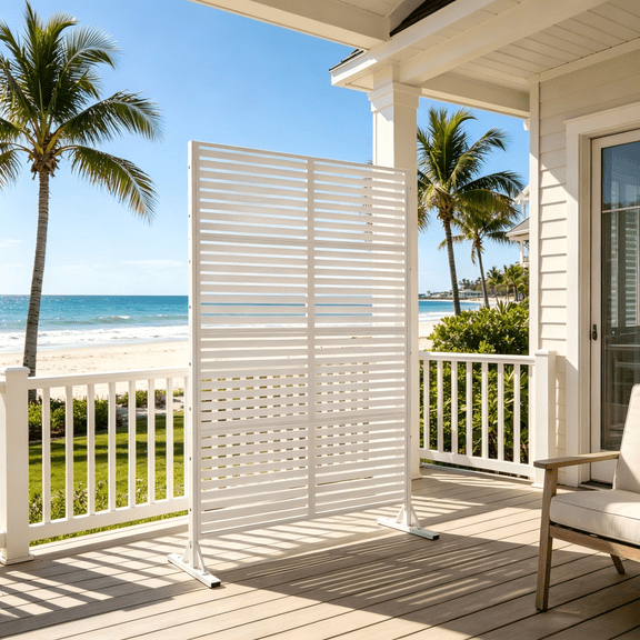 70.87"H x 46.06"W Ancient White Freestanding Metal Privacy Screen Slatted Patio Divider Fence Indoor Outdoor Partition for Beach House Sunroom, Kid Play Area & Pet Enclosure