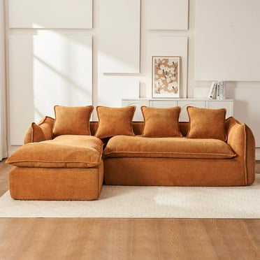 70.87 Inch 3 Seater L-Shape Sofa, Modern Deep Seat Sofa for Living Room, Oversized Comfy Sofa Couch with 4 Pillows, Sleeper Sectional Sofa for Apartment, Office, Orange