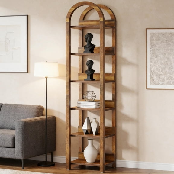 70.87 Inch 6 Tier Arched Bookshelf Tall Slim Display Shelf Rustic Wood