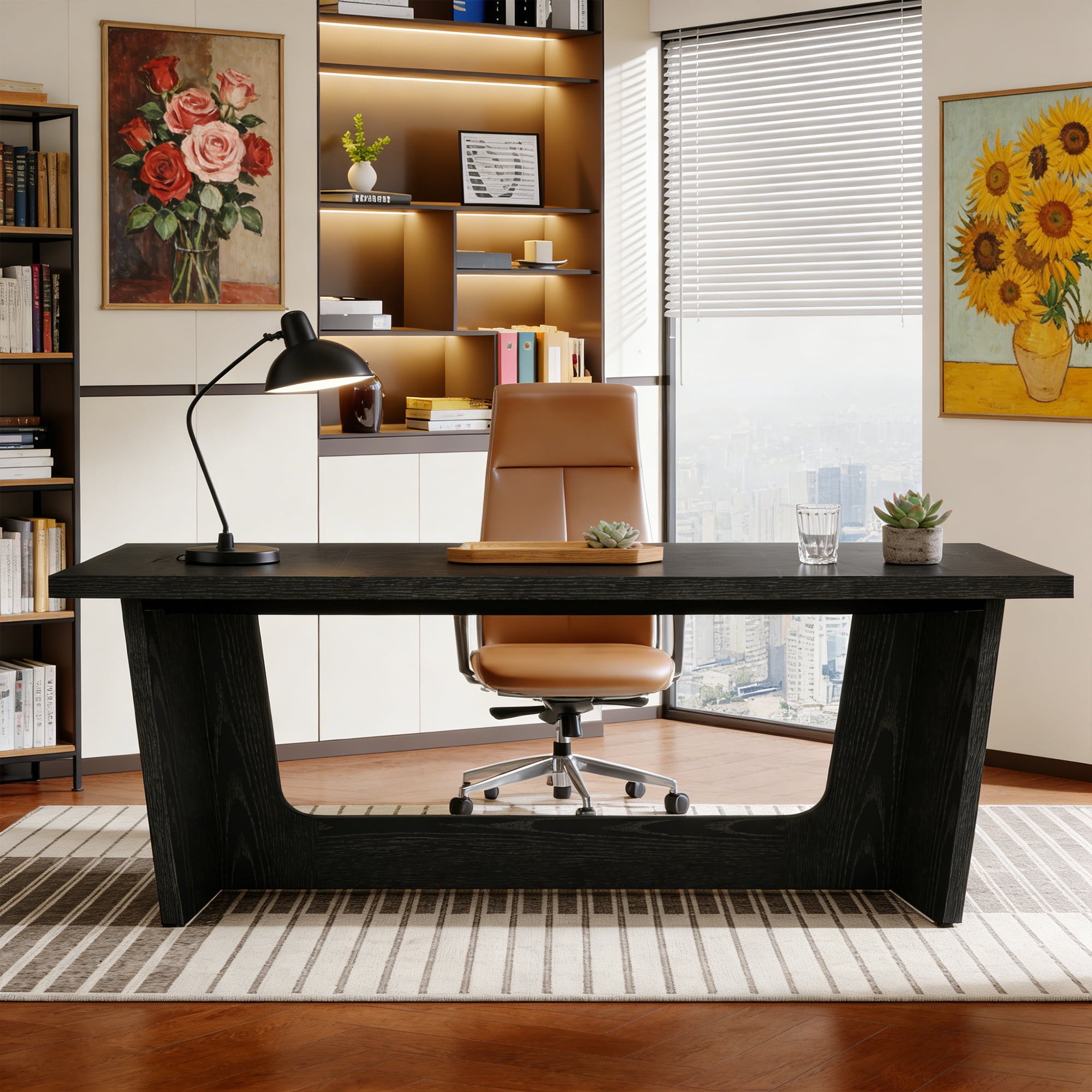 70.87-Inch Executive Computer Desk, Large Home Office Desk With Solid Wooden Pedestal, Industrial Black Wood Study Writing Table, 330LBS Heavy-Duty Workstation, Black Business Furniture