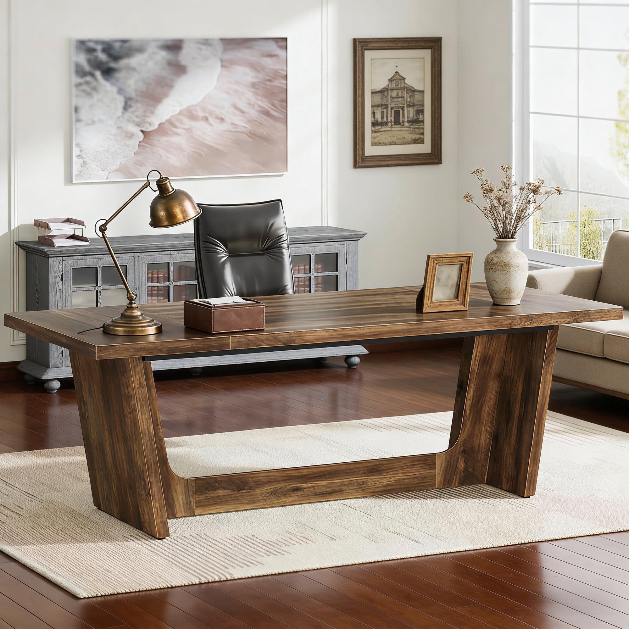 70.87-Inch Executive Computer Desk, Large Home Office Desk With Solid Wooden Pedestal, Industrial Wooden Study Writing Table, Heavy-Duty 330LBS Workstation, Rustic Brown Business Furniture