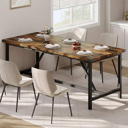 70.87 Inch Large Farmhouse Dining Table with Wood Grain Engineered Panels and Sturdy Black Metal Legs, Seats 6-8, Dual Use as Home Office Desk, Durable and Easy to Assemble
