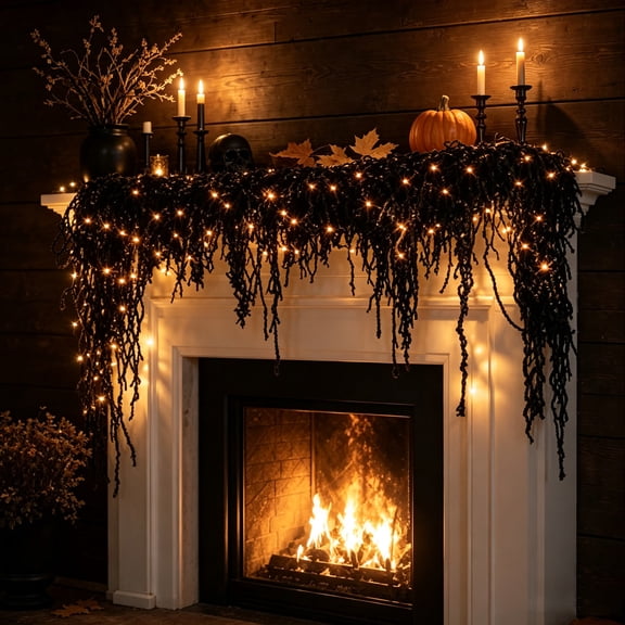 70.87 Inch Pre-Lit Black Hanging Rope Halloween Rattan Decor,Spooky Draped Fringe Vine with Warm Lights,Halloween Gothic Mantel Decor for Fireplace Door Arch Wall Party Decoration