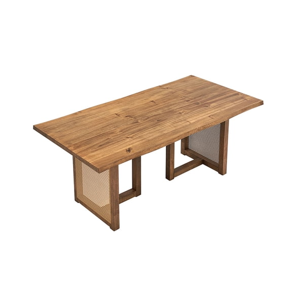 70.87 Inch Rectangular Waves Dining Table,Wooden Dining Table for 6 Persons,Mid Century Modern Large Kitchen Table for Living Room,Bohemian Dining Table with Rattan Weave for Restaurant,Office,OAK