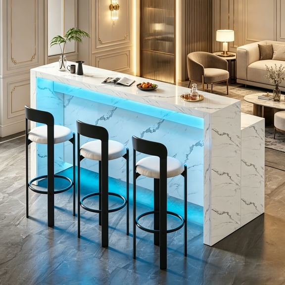 70.87'' Marble Pattern Bar Table, Staggered Legs Rectangular Striped Tabletop with LED Lighting, Modern Minimalist Design for Kitchens, Living Rooms, Office Break Rooms, or Cash Registers, White