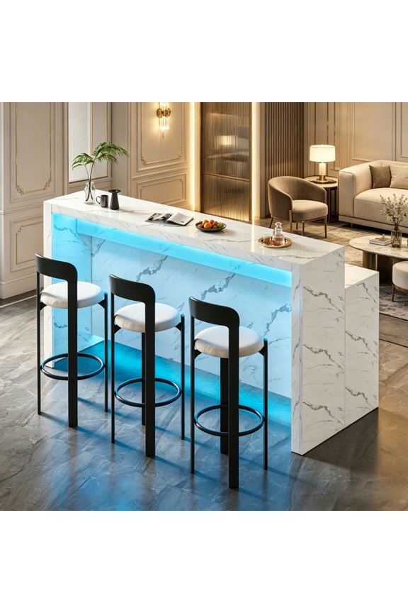 70.87'' Marble Pattern Bar Table, Staggered Legs Rectangular Striped Tabletop with LED Lighting, Modern Minimalist Design for Kitchens, Living Rooms, Office Break Rooms, or Cash Registers, White